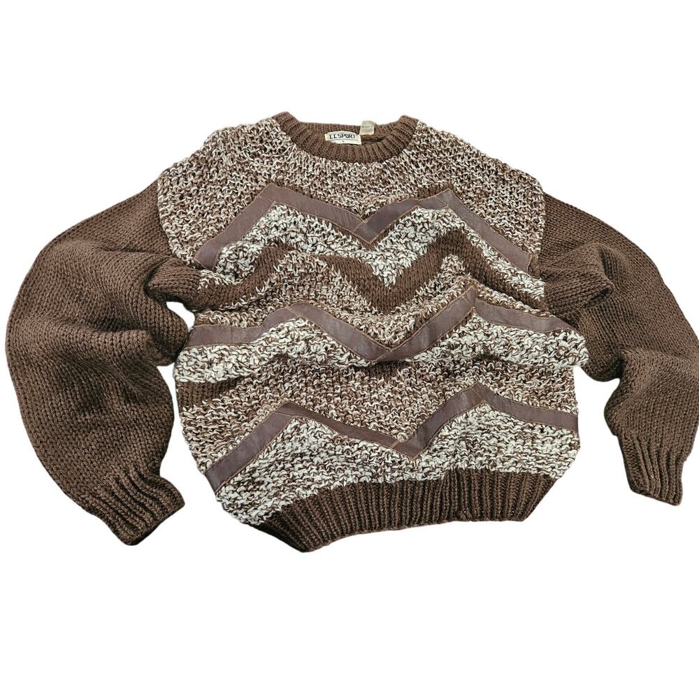 Vintage 90s C.C. Sport Sweater Leather Trim Textured Knit Brown L